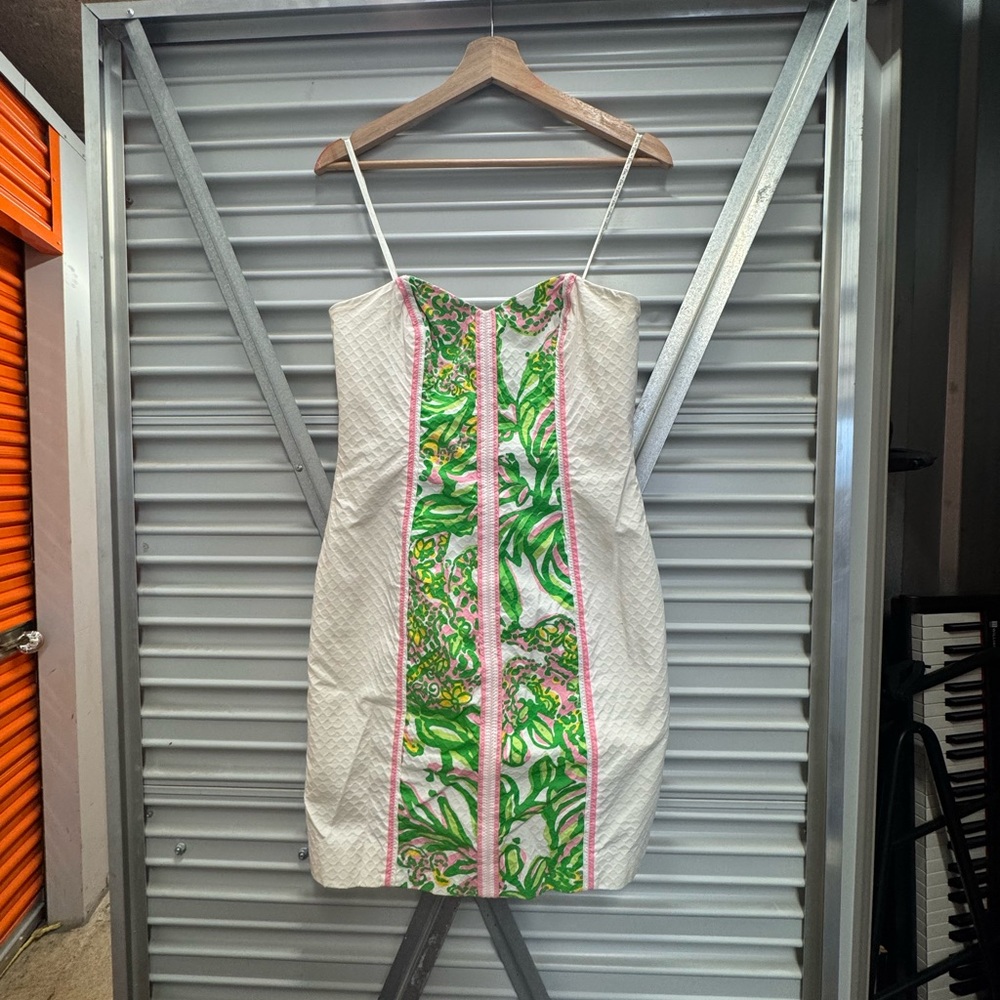 Lilly Pulitzer White Mini Dress with Green and Pink Botanical Panel